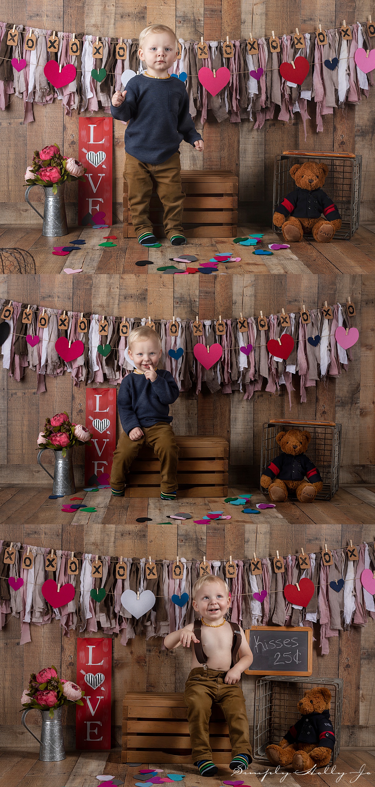 Three images of a young blonde toddler boy sitting on a crate surrounded by Valentine's Day decor.